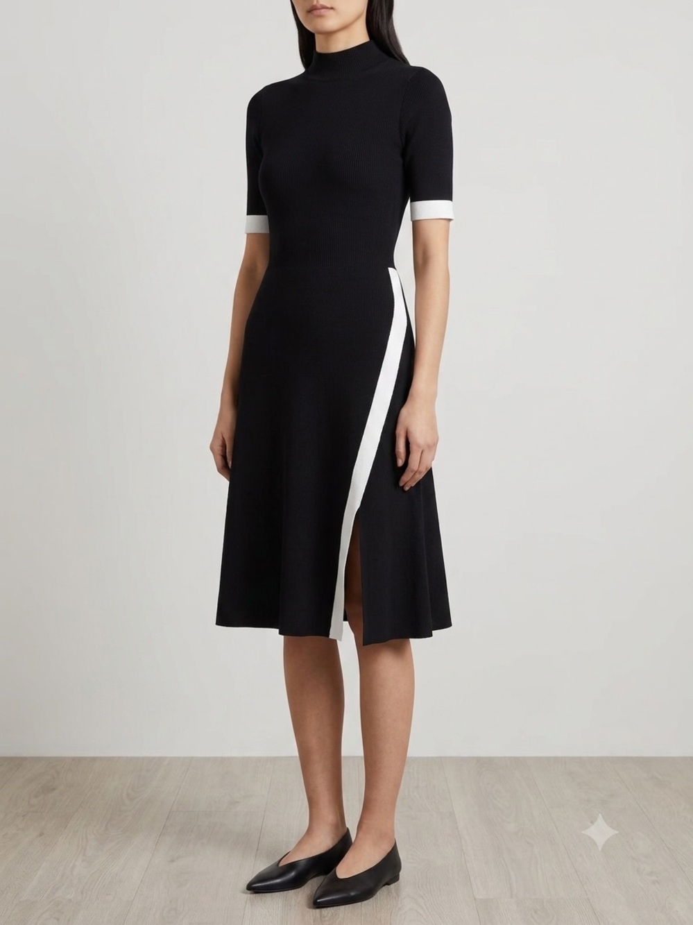 NWT Commense Black Knit Fit and Flare Dress with White Trim sz Small
